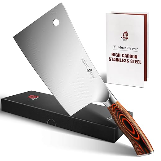 TUO Meat Cleaver - Heavy Duty Meat Chopper - High Carbon German Stainless Steel Butcher Knife - Pakkawood Handle Kitchen Chopping Knife - Gift Box - 7 - Fiery Phoenix Series