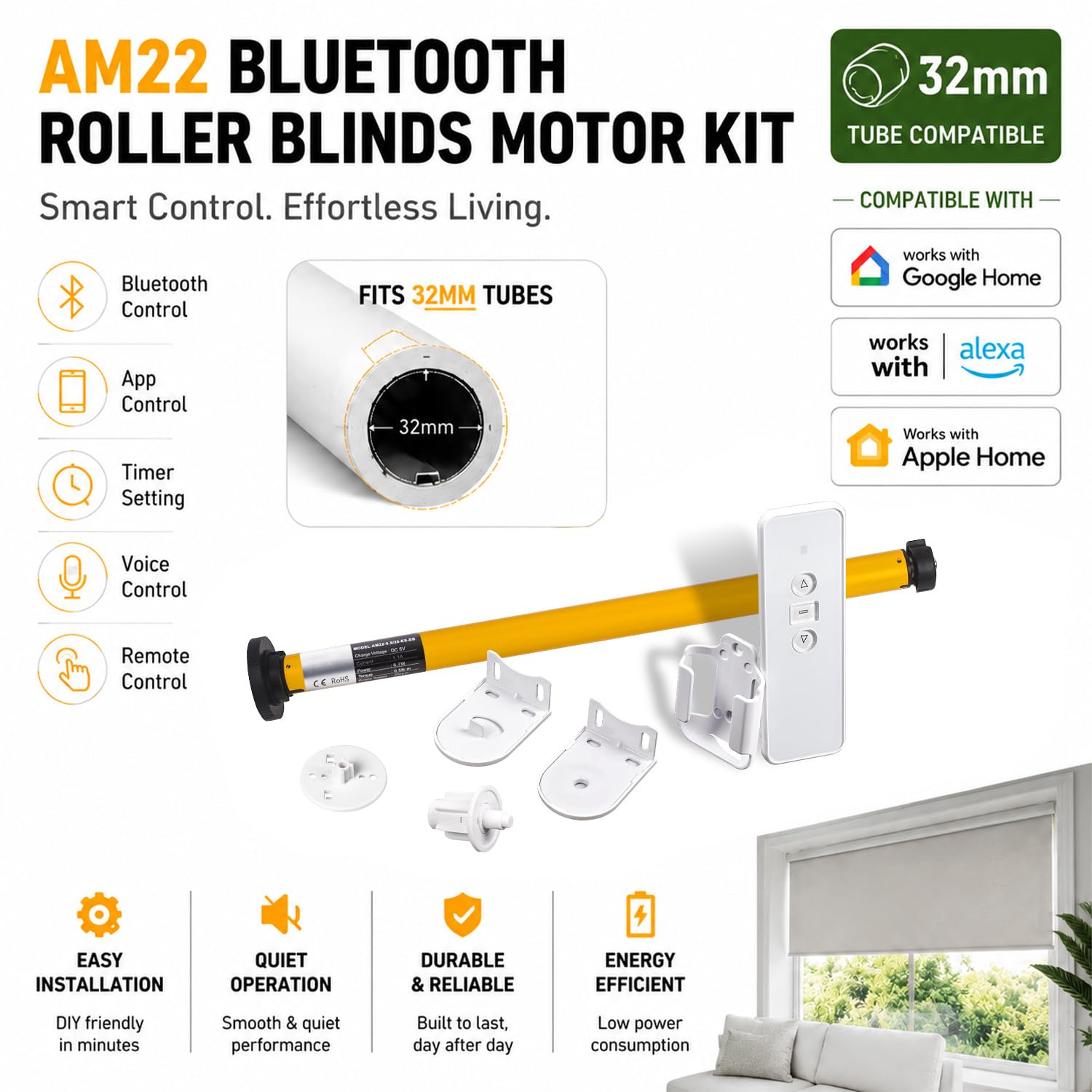 Motore intelligente Bluetooth per tende a rullo, compatibile con tubo da 32 mm, funziona con Alexa/Google Home, silenzioso e potente, installazione fai da te, nessun hub richiesto