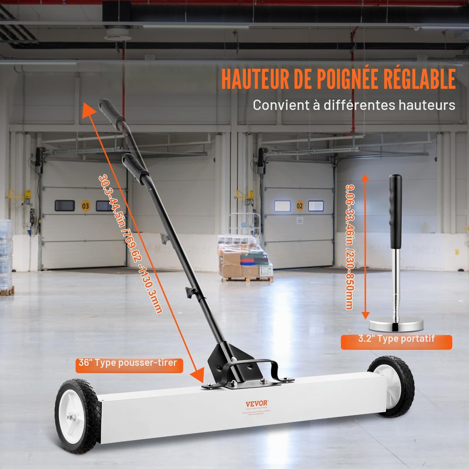 VEVOR Balayeuse Magnétique 91 cm 24,9 kg avec Roues Manche Télescopique Poignée Réglable