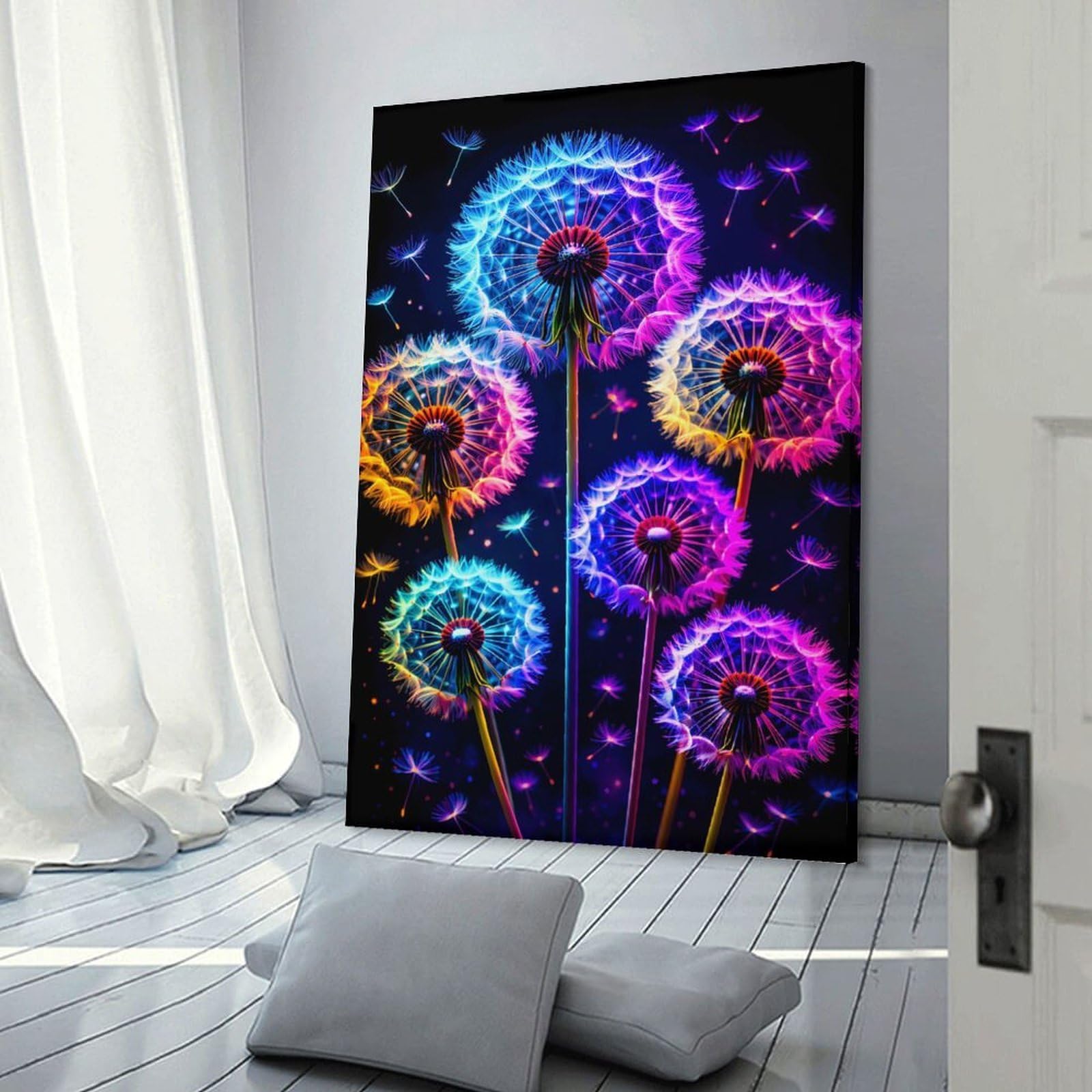 Junmoney Frame-Style-15 Decorative Wall Artwork Neon Dandelions In Bloom, 24X36inch(60X90cm), For Contemporary Homes, Apartments Or Offices, An Easy Choice For New Home Styling