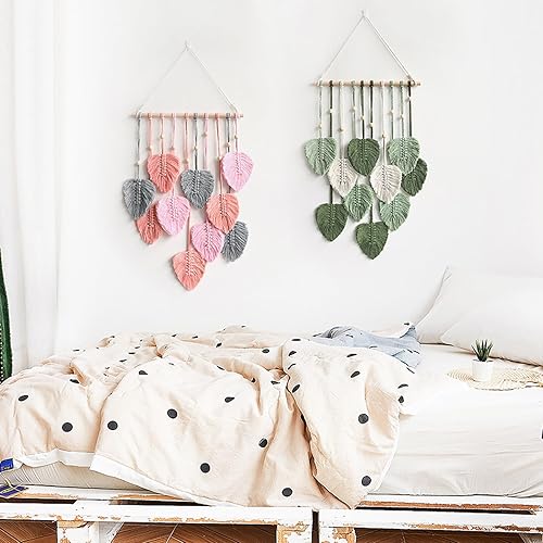 Miniatura 6 de Juaugusep Tapiz de macramé para colgar en la pared, tapiz tejido bohemio chic para decoración del hogar, moderno, hecho a mano, con plumas de hojas