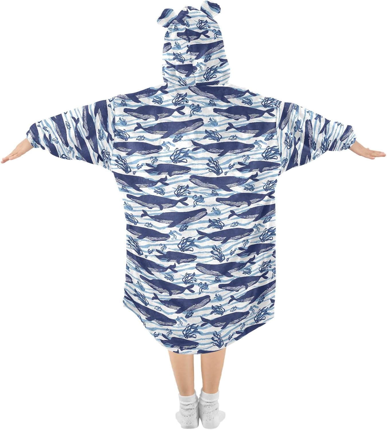 Blue Swimming Whale Pattern Wearable Blankets for Kids, Soft Warm Cozy Blanket Hoodie for Boys Girls with Pocket
