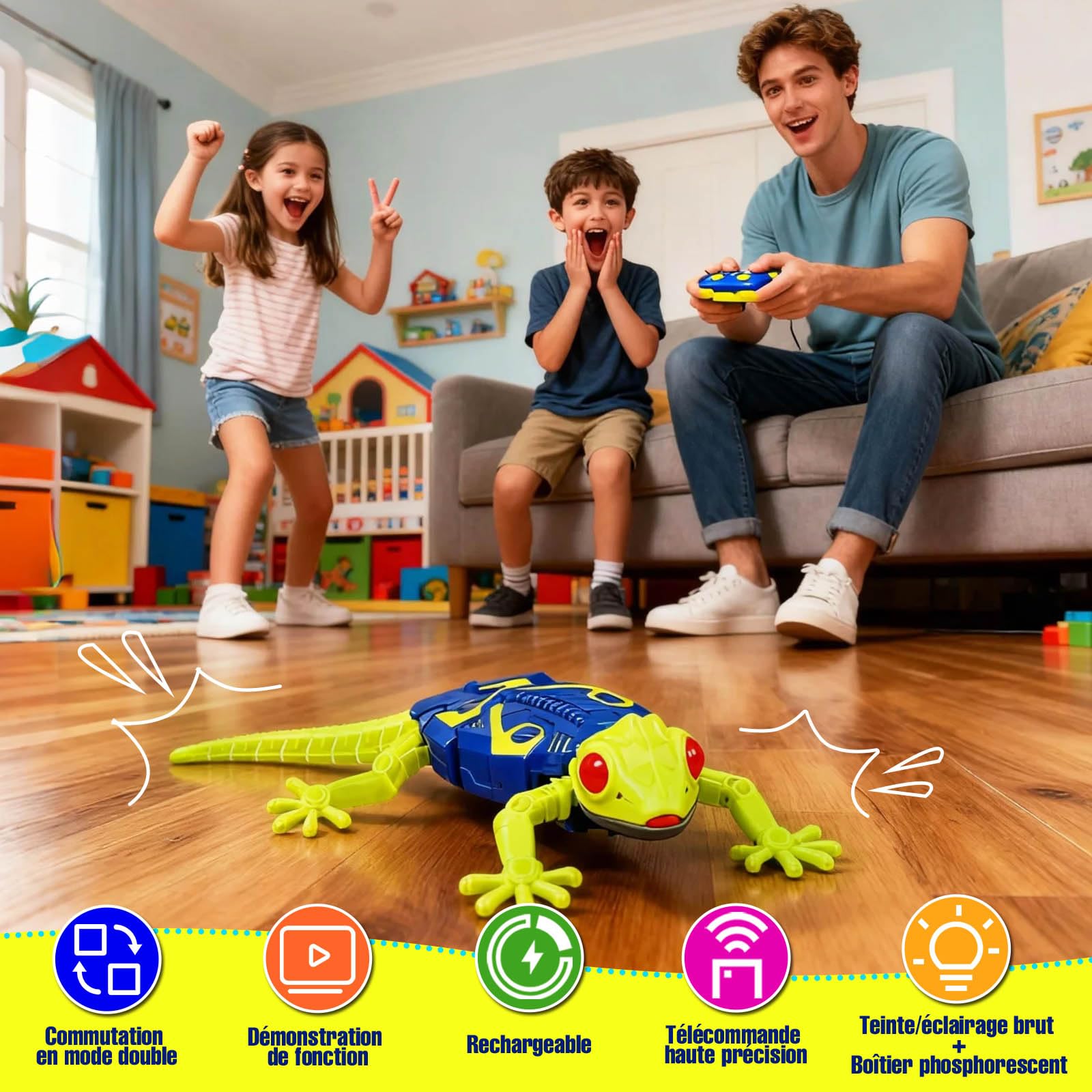 Gecko Radiocommandé Fluorescent, Lézard Télécommandé Qui Grimpe au Mur et Plafonds, Jouet Interactif avec Yeux LED Lumineux, Cadeau Enfants 3-9+ Ans