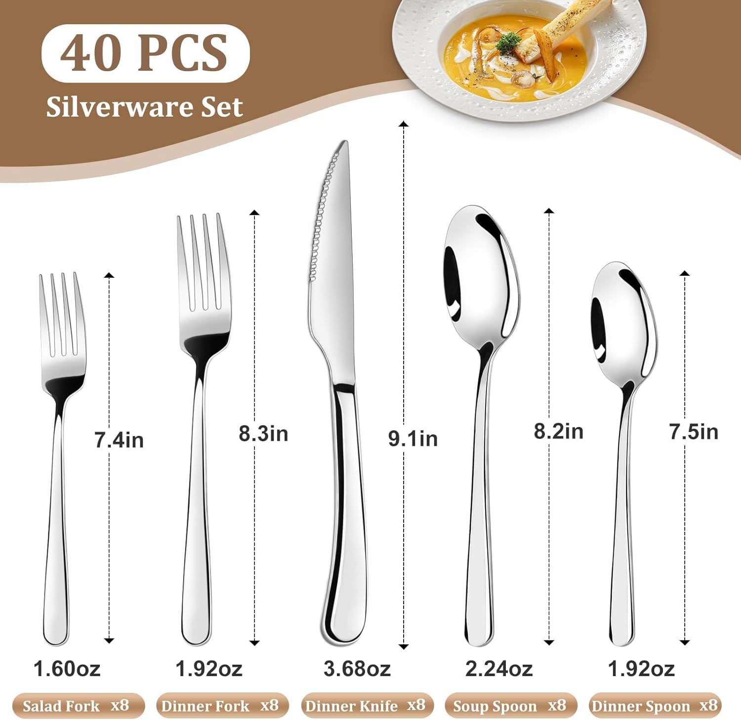 TAN REN 8 Inch Butcher Breaking Knife, Brisket Trimming with Sheath and Silverware Set for 8, 40-Piece Stainless Steel Flatware Sets