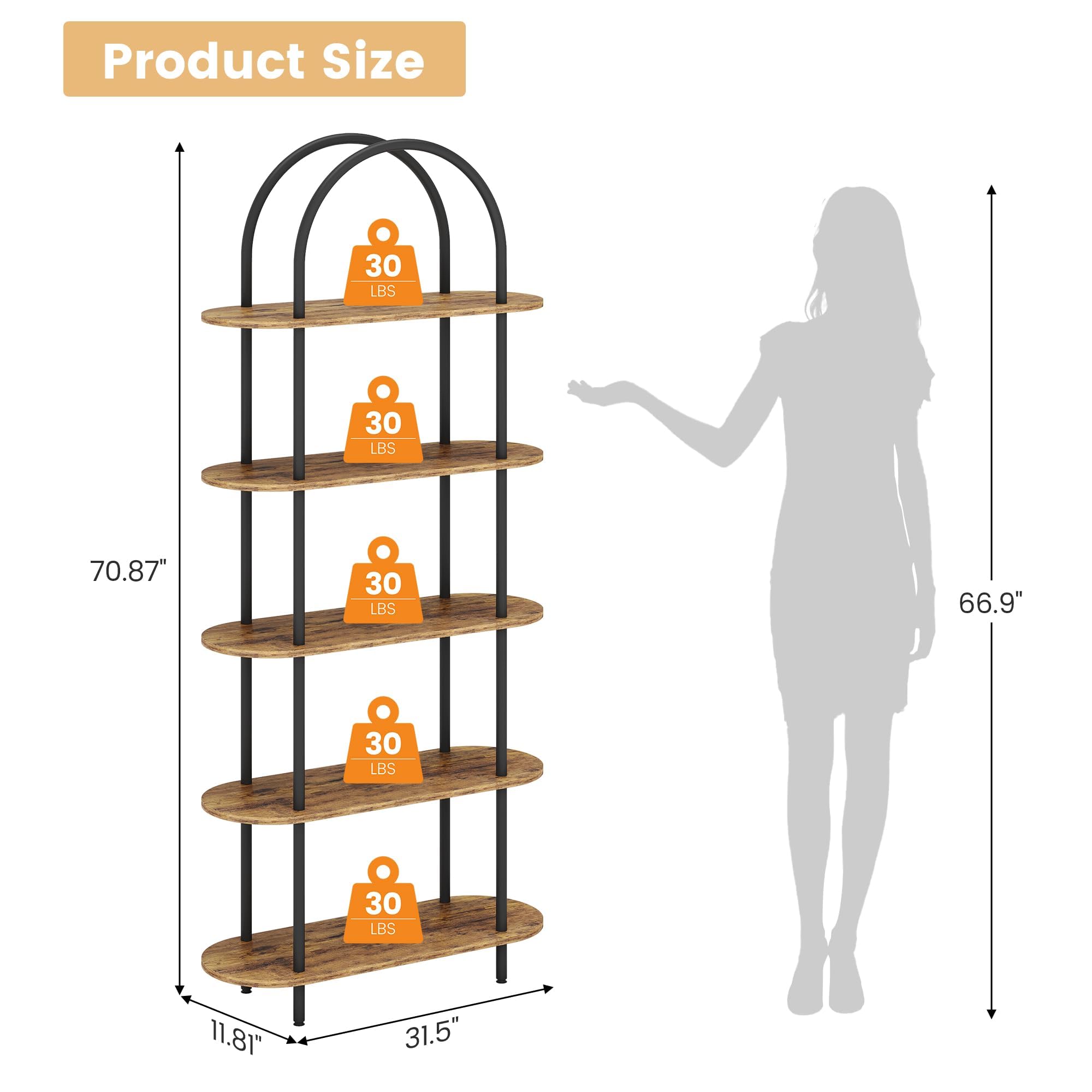 IDEALHOUSE Set di 2 librerie da 180 cm, design ad arco, scaffale aperto a 5 livelli, scaffale alto stretto con telaio in metallo, per casa, ufficio/soggiorno, 1 articolo, più scatole