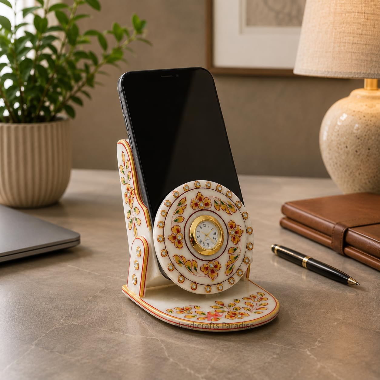 Handicrafts Paradise Rajasthani Marble Mobile Holder with Clock-picture-14