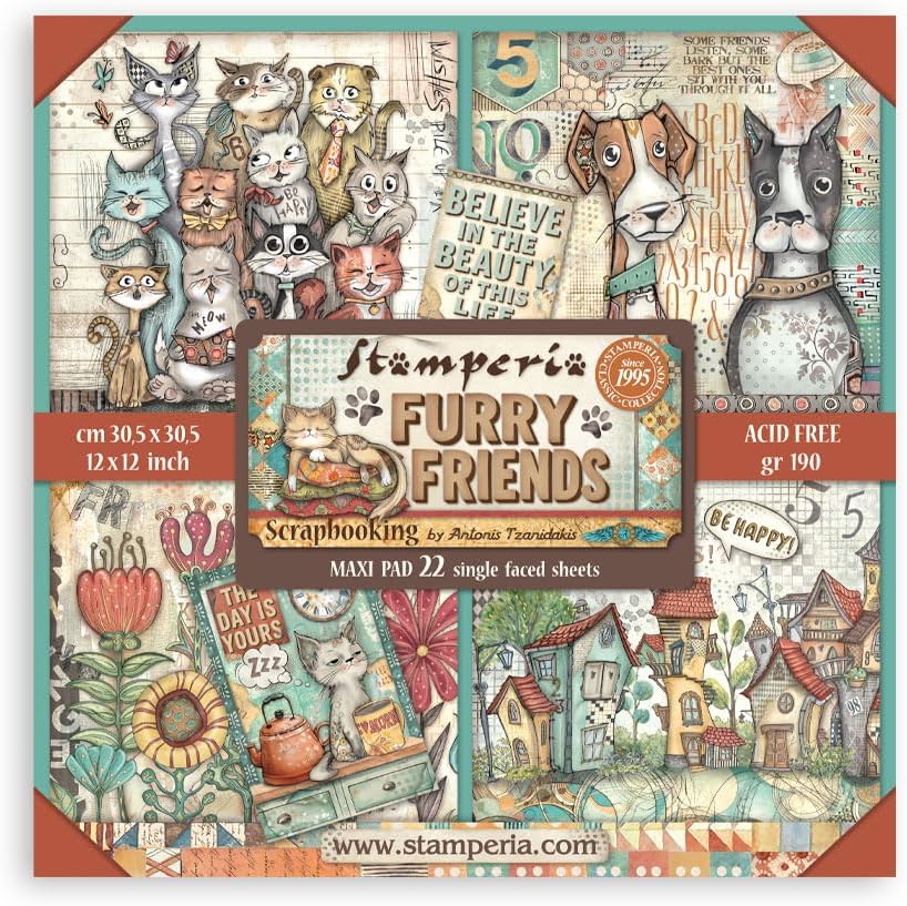 Stamperia - Scrapbook Paper Pad for Scrapbooking, Albums, Card Making, Bullet Journalling and More, Acid Free, Single Face, Perfect for Hobbies, Crafts, and Gifting (Furry Friends) (30.5 x 30.5 cm)