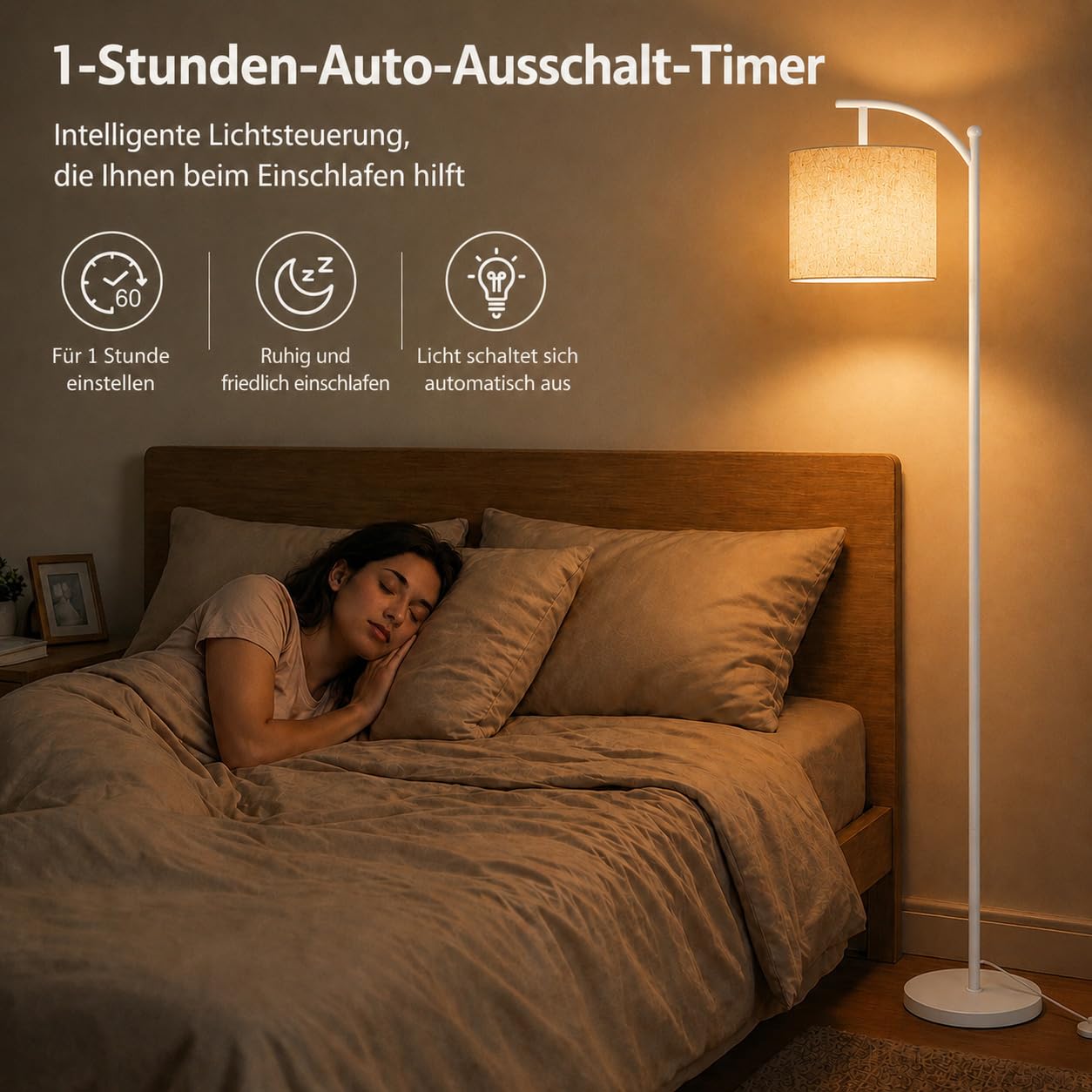 Torkase LED Bogenlampe Wohnzimmer, Dimmbare Stehlampe mit Stoffschirm, Retro Stehleuchte 2700K-6500K, 4 Farbtemperaturen & 10%-100% Helligkeit, Leselampe mit Pedalschalter Weiß