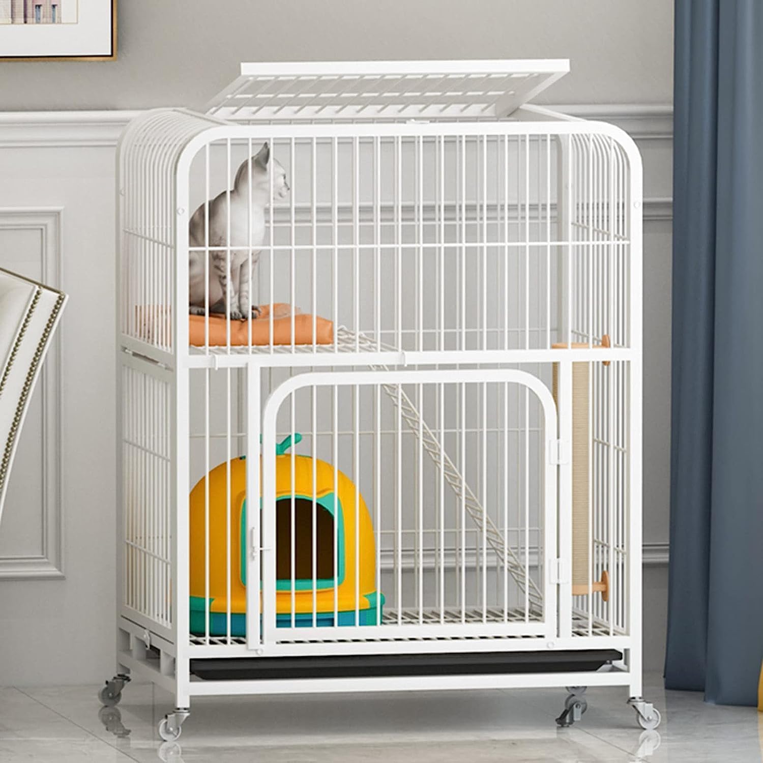CHEMYO Kleintier-Laufgitter, groß, 3 Etagen, Metalldraht, für Kätzchen, Käfig, Laufstall, Käfig, Zwinger, Katzenheim, 1 x Hängematte/4 x Rollen/1 x Tablett/1 x Katzentoilette (Größe: 78 x 55 x 108 Haustier
