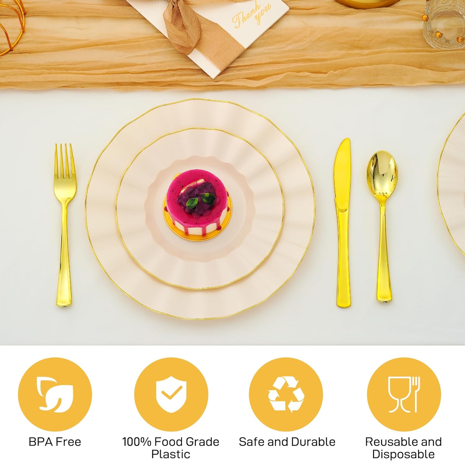 60Pcs Heavy Weight Ivory Plastic Plates with Gold Trim, Heavy Duty Wedding Plates, Elegant Disposable Plate Sets include 30 Dinner & 30 Dessert Plates for Party & Wedding(30 Guests)