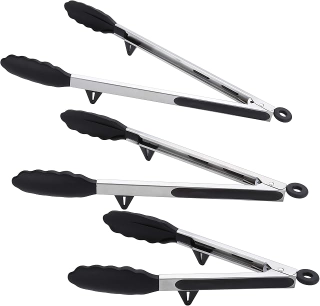 LISRSC Kitchen Tongs, Cooking Silicone Tongs Set of 3 (9,12" and 14), Heat Resistant Serving Tongs with Silicone Tips, Stainless Steel Locking Food Tongs for Cooking, Buffet, Barbecue & Salad(Black)