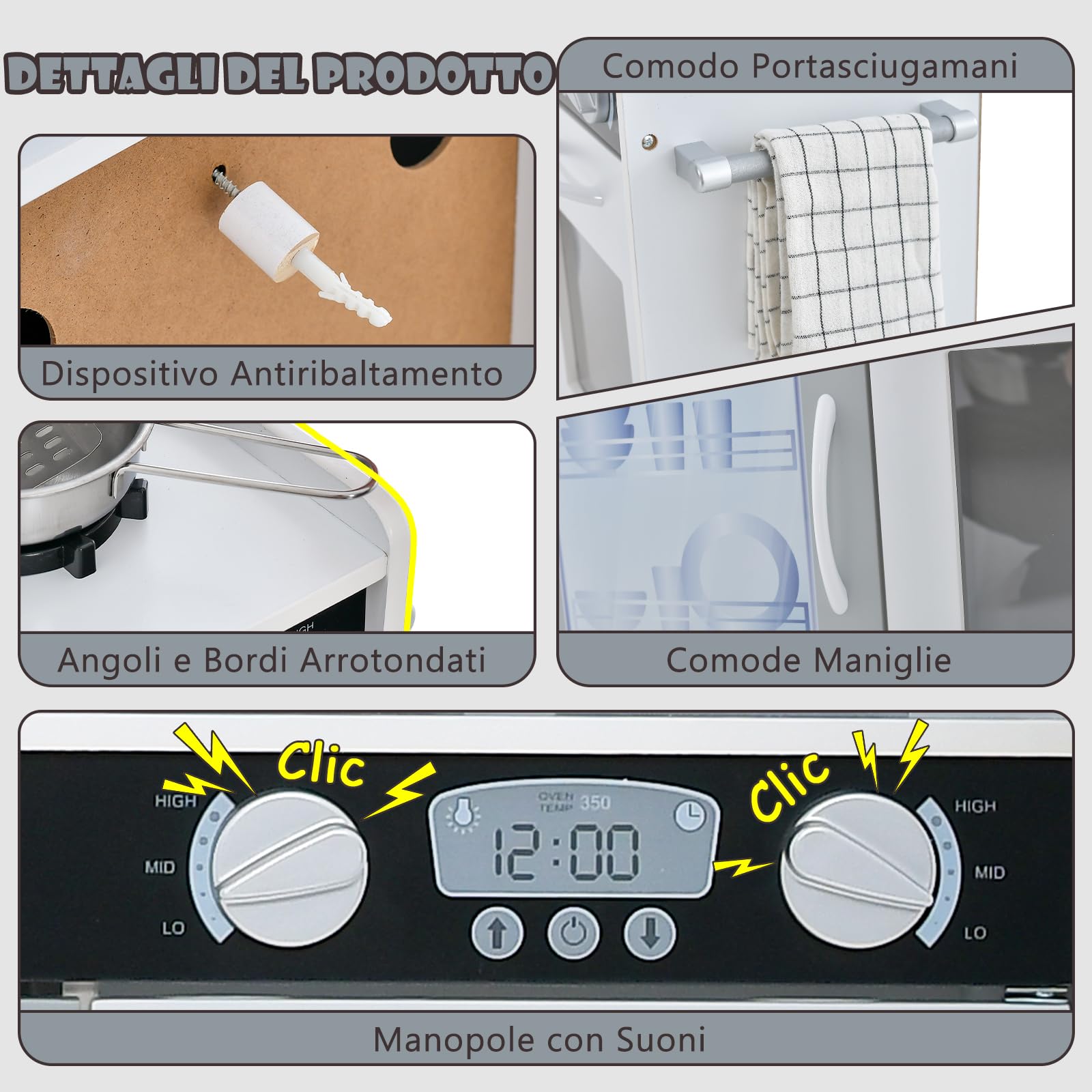 COSTWAY Cucina Giocattolo per Bambini, Cucina Legno per Bambini con Lavagna, Telefono, Microonde e Macchina per Ghiaccio, con Accessori e Suoni Realistici, per 3-6 Anni (Bianco)