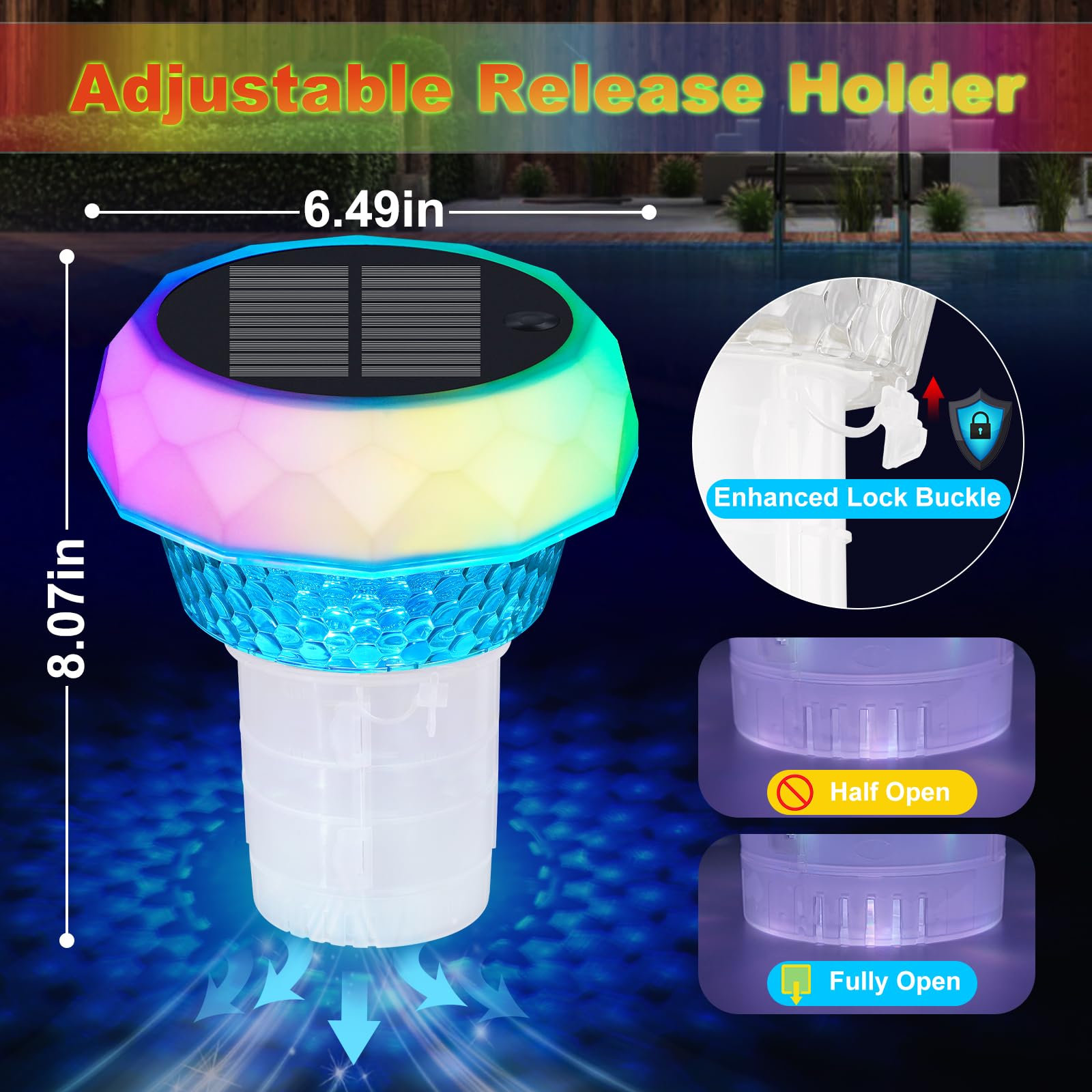 Lot de 2 flotteurs de chlore solaires pour piscine avec lumière automatique à détection de l'obscurité – Distributeur flottant pour tablettes de 7,6 cm (non incluses), chlorinateur anti-coulement et