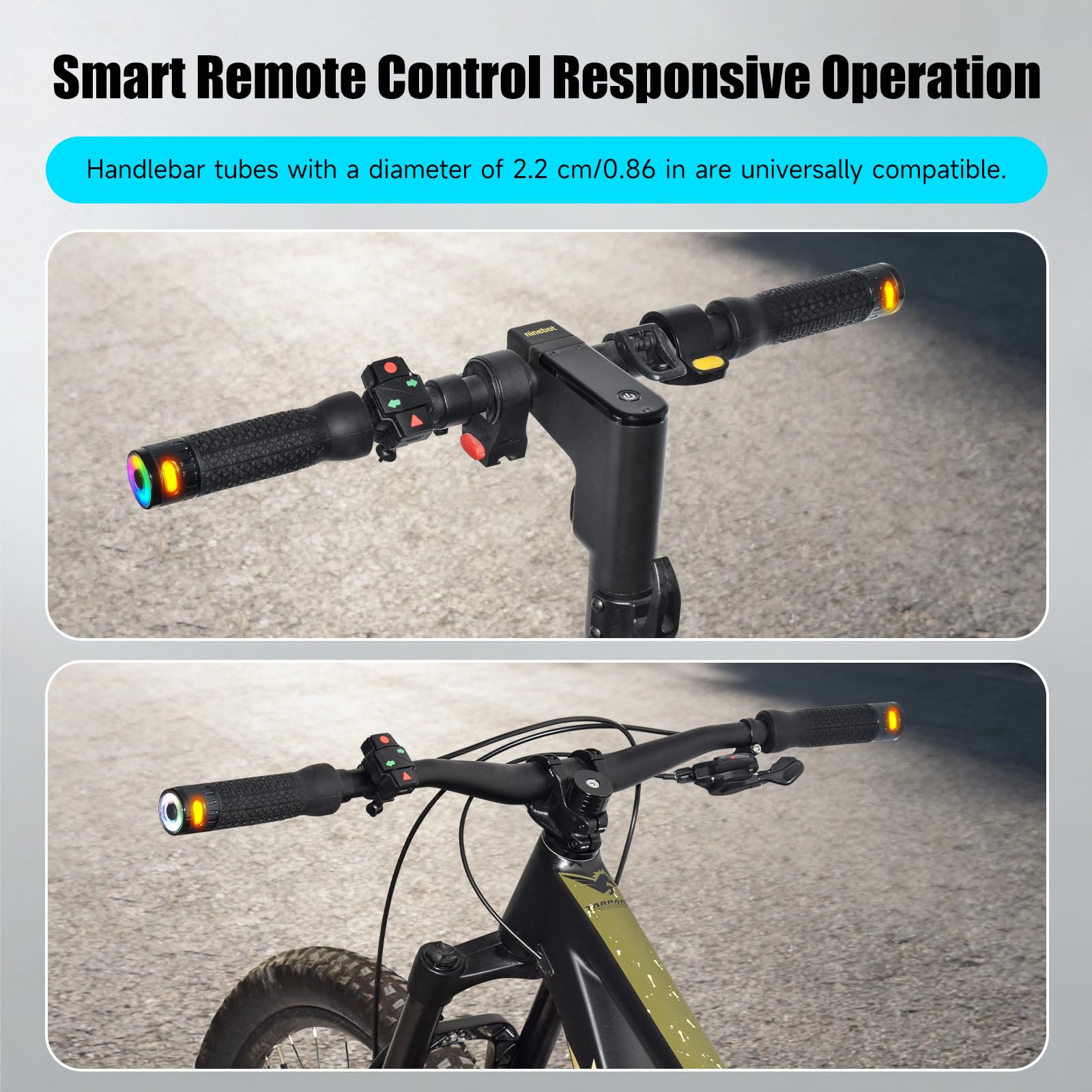 Kit di manopole per manubrio con lampeggianti senza fili per scooter elettrici 2,2 cm / 0,86" Diametro maniglie con telecomando e caricatore accessori