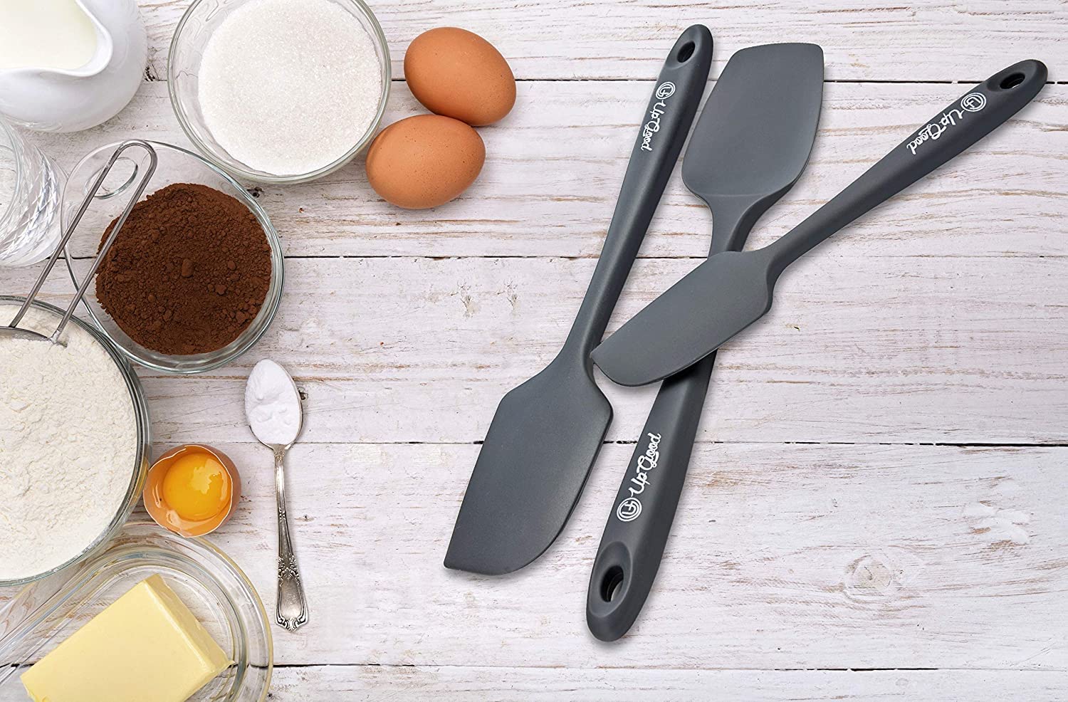 Silikon-Spachtel-Set | 3 vielseitige Werkzeuge zum Kochen, Backen und Mixen einteiliges Design, antihaftbeschichtet hitzebeständig bis 150 °C, starker Edelstahlkern (UpGood Küchenutensilien, grau)