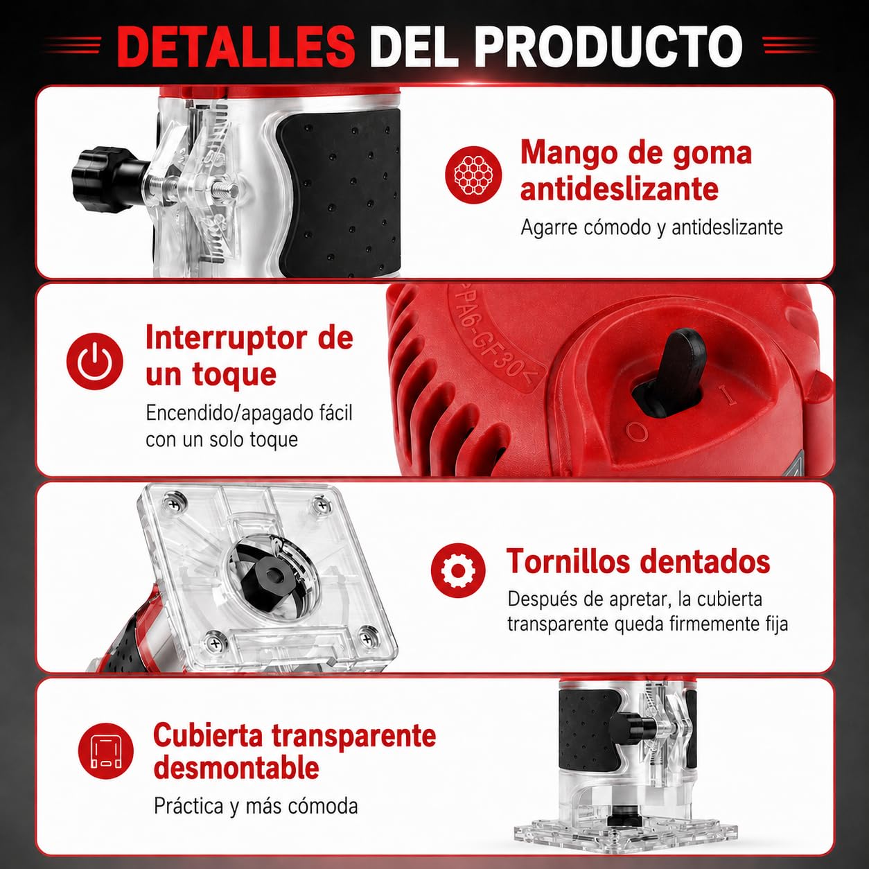 Fresadora Para Madera Compacta, 800W 30000RPM Fresadora De Mano Portátil, 6,35 mm Rebajadora Eléctrica con Guía Lateral y Guía Recta, para Ranuras, Cantos y Perfiles
