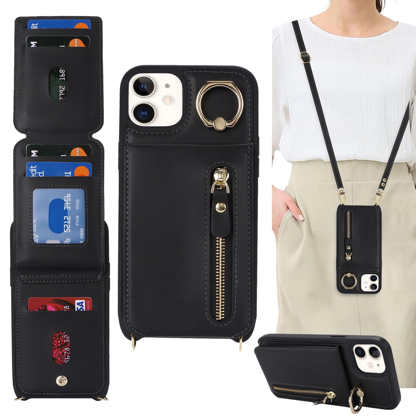 DEYHU iPhone 12 Case with Card Holder for Women, iPhone 12 pro Phone Case Wallet with Strap Credit Card Slots Crossbody with Kickstand Zipper Case - Black