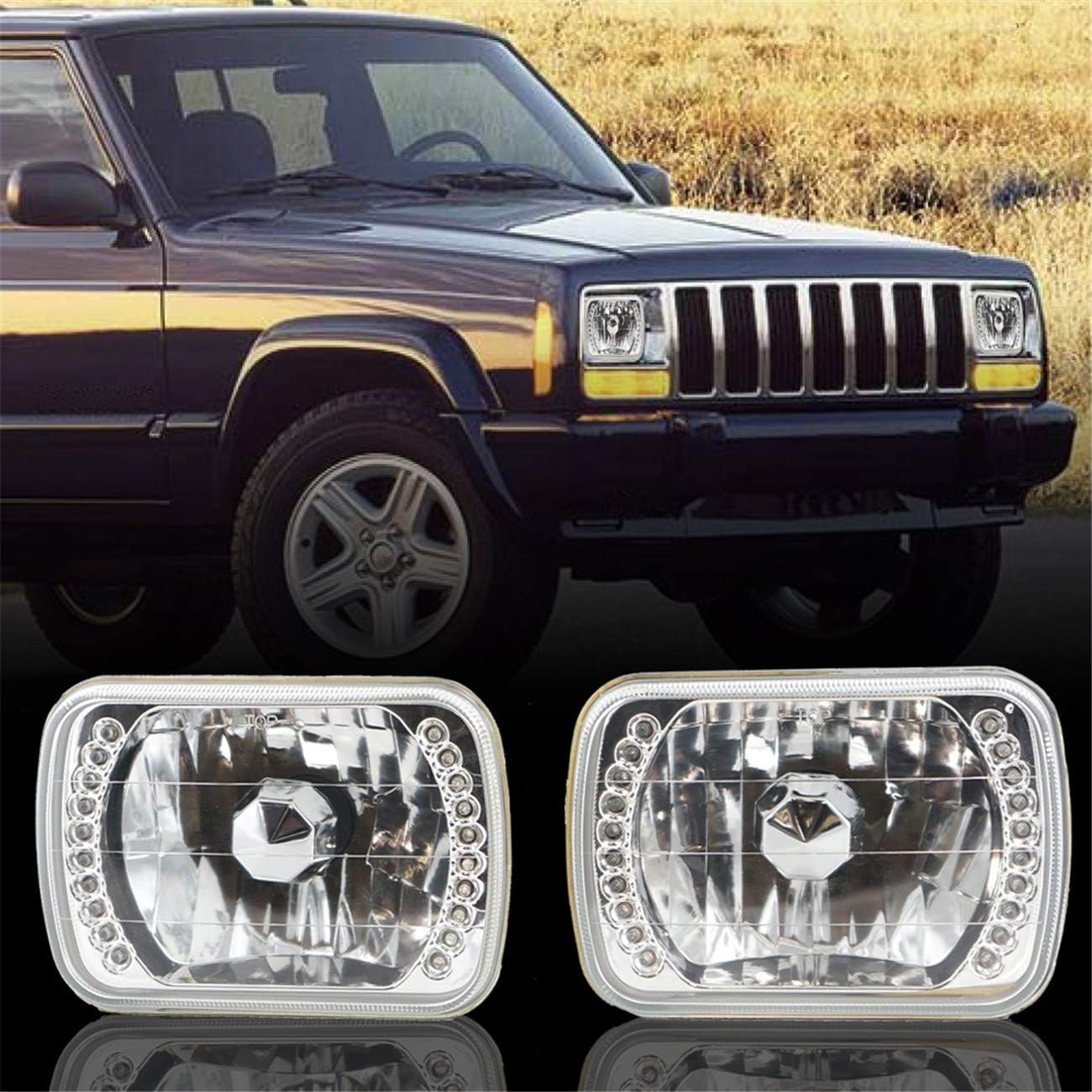 7x6 H4 Housing Chrome Headlamp Glass Lens Diamond Clear LED 2pcs Headlight Lamps,1Pair