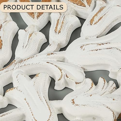 Miniatura 11 de XIAOAIKA Decoración de pared tallada bohemia, paneles blancos envejecidos antiguos de 31.5 pulgadas, escultura decorativa tallada a mano para sala
