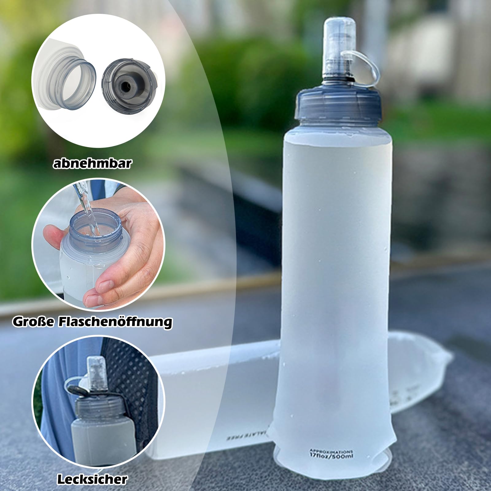 Lot de 2 bouteilles d'eau de 500 ml réutilisables et portables avec mousqueton anti-fuite et pliable pour le camping, la randonnée, les voyages