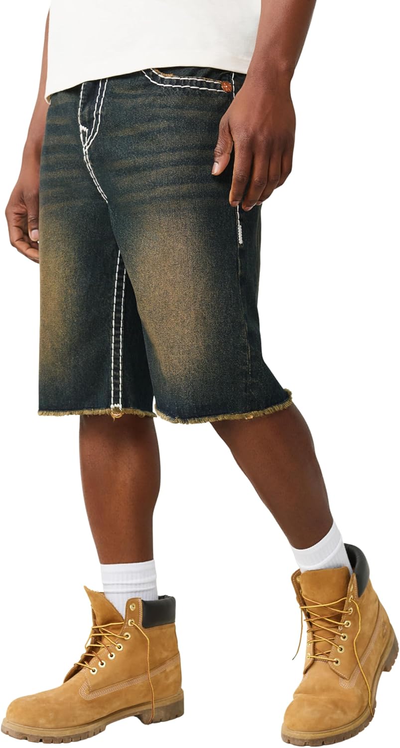 True Religion Men’s Vinny Super T Flap Baggy Fray Short – Super T Stitching, Horseshoe Detailing
