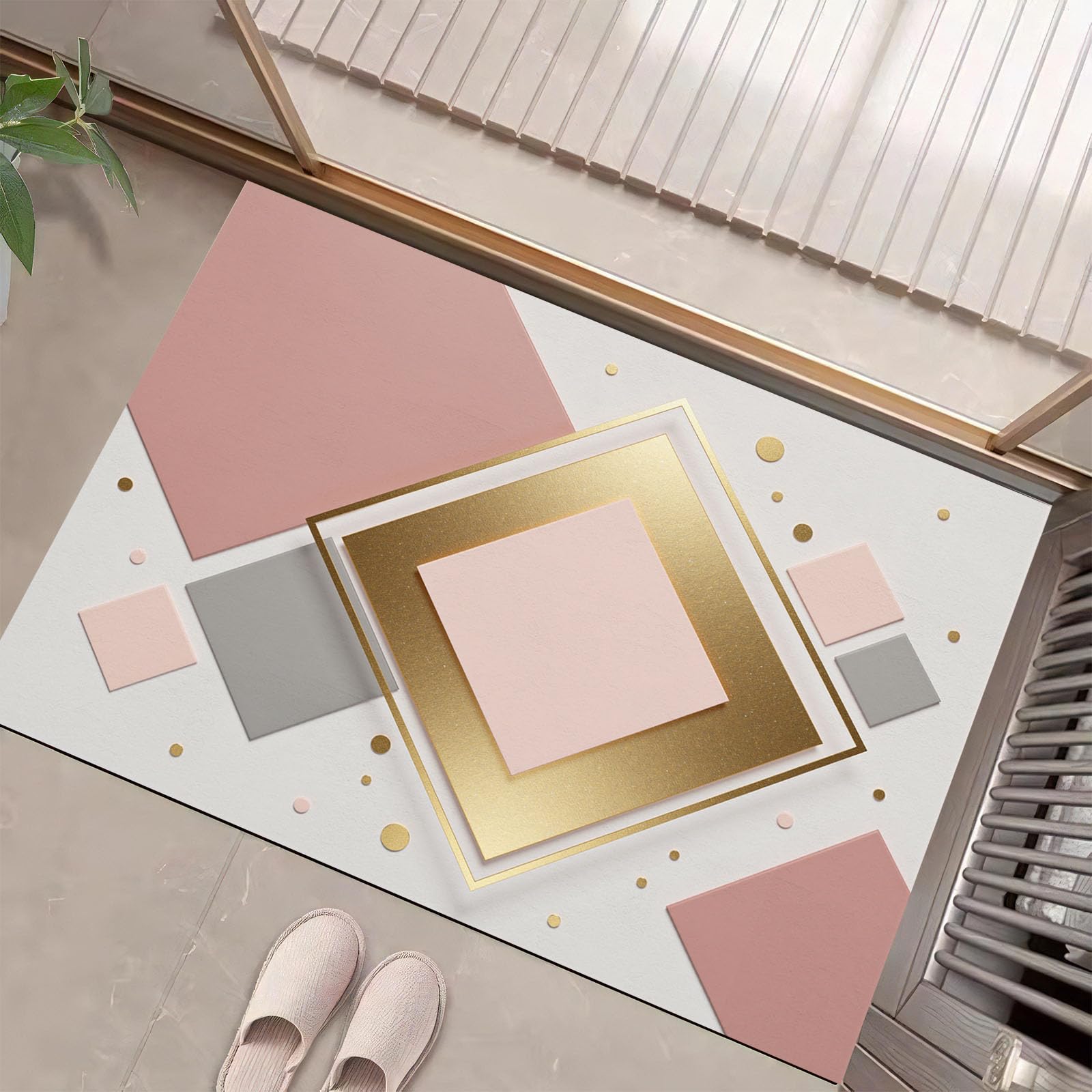 Paillasson géométrique or rose : fini les glissades dans l'entrée