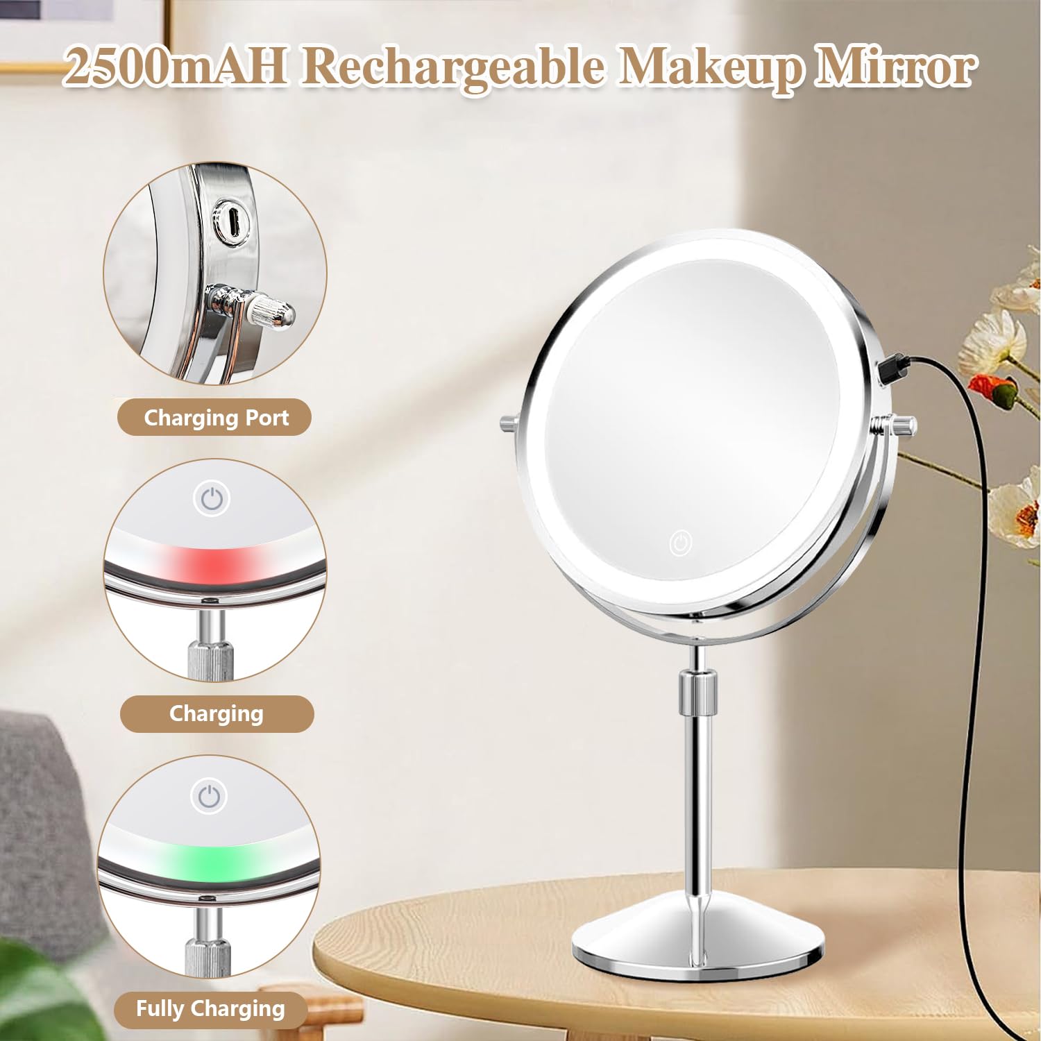 BTremary Schminkspiegel mit Beleuchtung 8", 20fach Vergrößerungsspiegel mit Licht, Höhenverstellbar Spiegel mit Beleuchtung for Badezimmer, 360° Drehbar Vergrößerungsspiegel für Details (Silber)