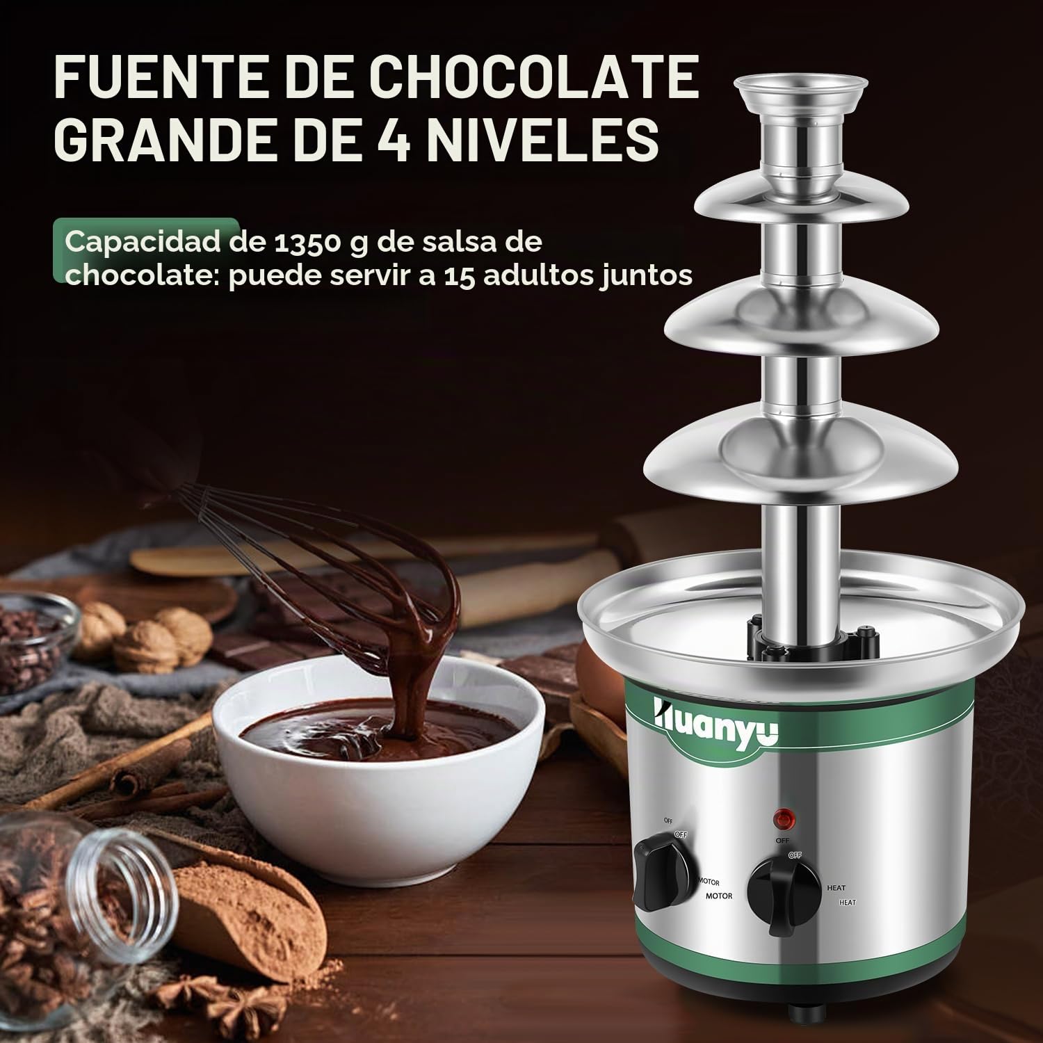 Huanyu Fuente de Chocolate de 4 niveles Grandes Juegos de Fondue para Chocolate Fuente de Chocolate Eléctrica Máquina de Chocolate Juego de Fondue de Chocolate para Fiesta Boda y Cumpleaños