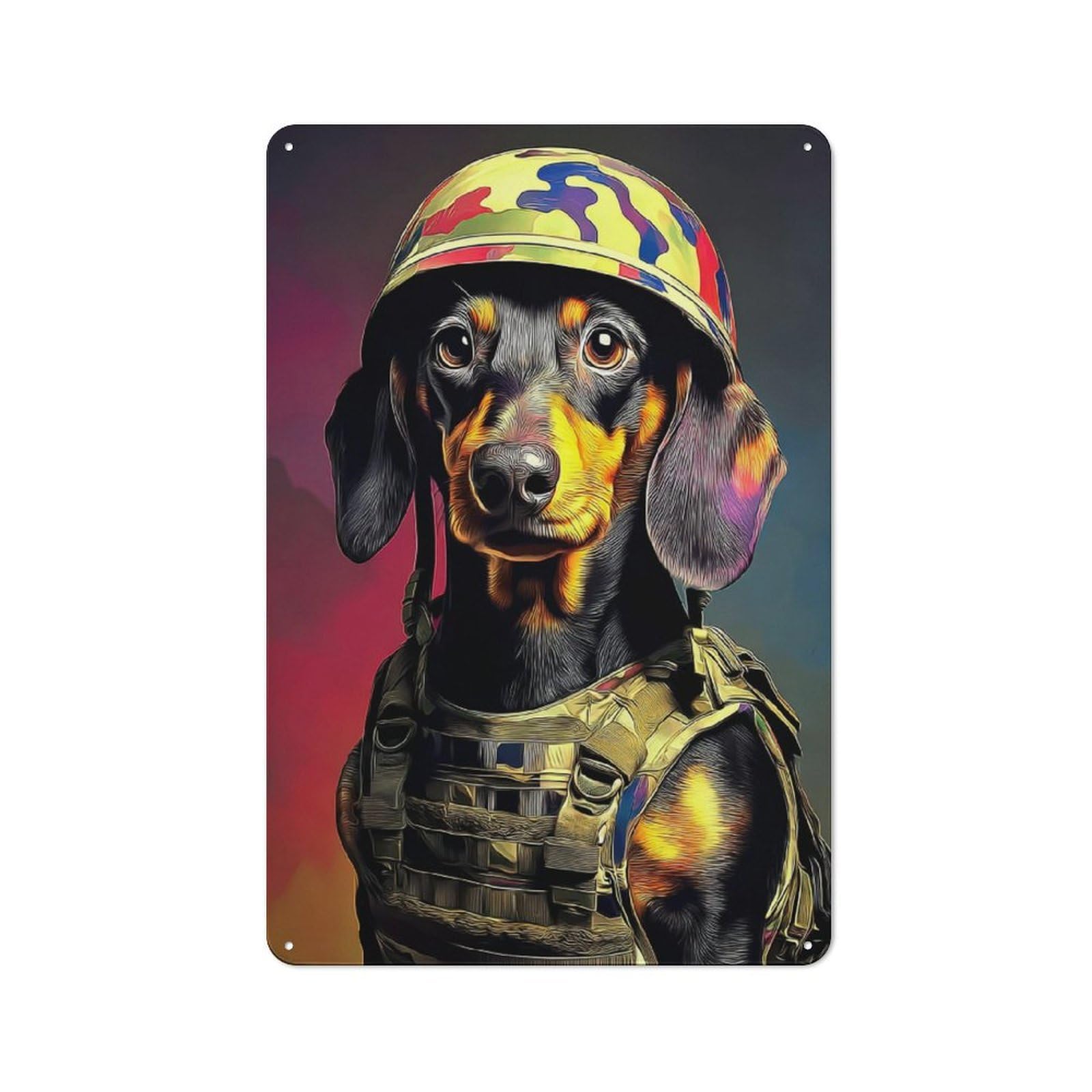 Junmoney Dapper Dog In Camo Gear Metal Wall Sign 30X20cm Featuring For Café Or Restaurant, A Decorative Metal Sign For Cafés And Restaurants