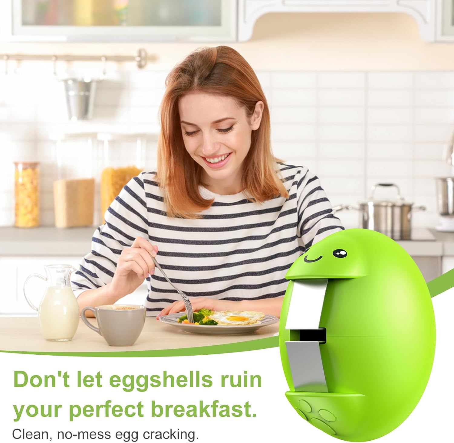 Egg Cracker, Silicone Egg Shell Opener, Cute Egg Shaped Design, Opens Eggs with Ease, A Little Happiness Boost for Your Kitchen. (Color: Green, 2-Pack)