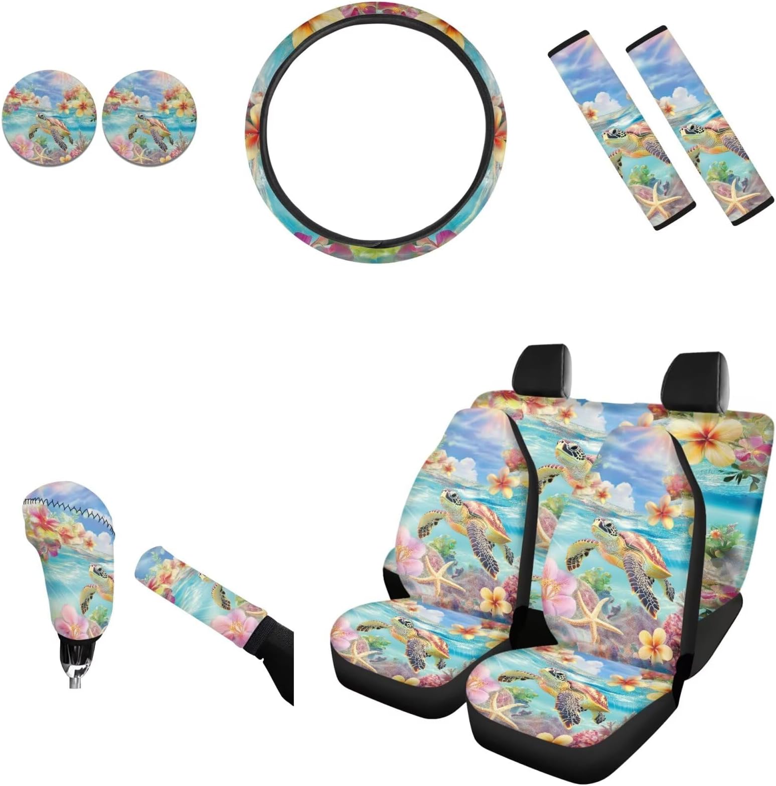 AFPANQZ Sea Turtle Tropical Flower Car Seat Covers with Steering Wheel Cover, Seat Belt Shoulder Pads, Cup Holder Coasters, Gear Shift Knob and Handbrake Protector Cushion Full Set of 11 for Women