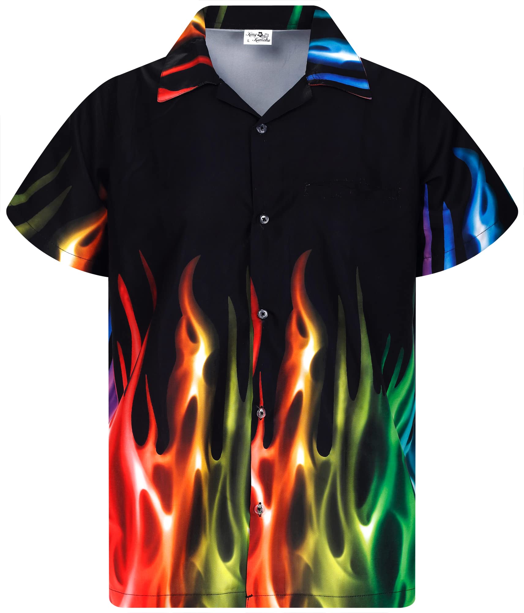 King Kameha Men's Flames-Design-Rainbow Funky Hawaiian Shirt, Shortsleeve, Flames, Rainbow, 3XL