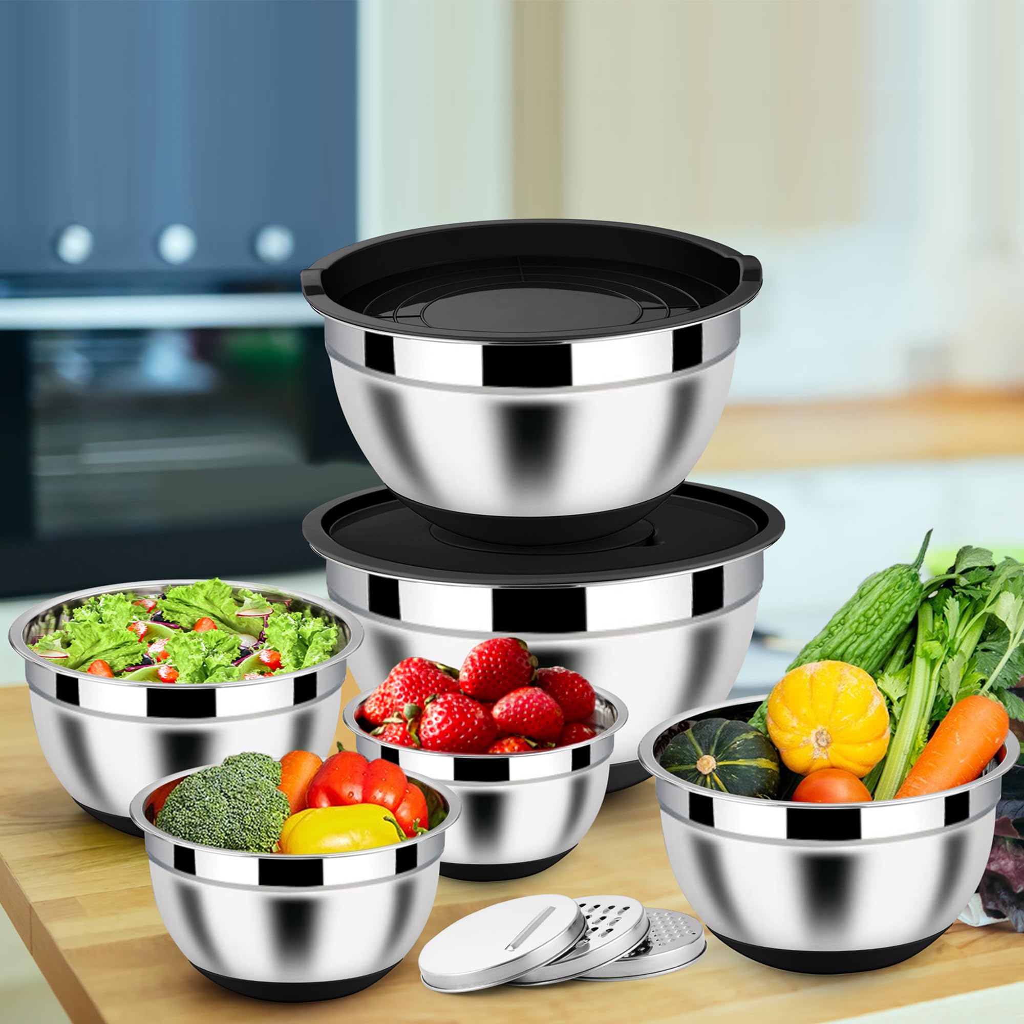 Homikit Juego de 6 cuencos para mezclar, acero inoxidable, color negro, ensaladera con 3 accesorios para mezclar y mezclar, tapa hermética y base de silicona, 4,6 l, 2,8 l, 2,5 l, 1,6 l, 1,2 l, 0,7 l,