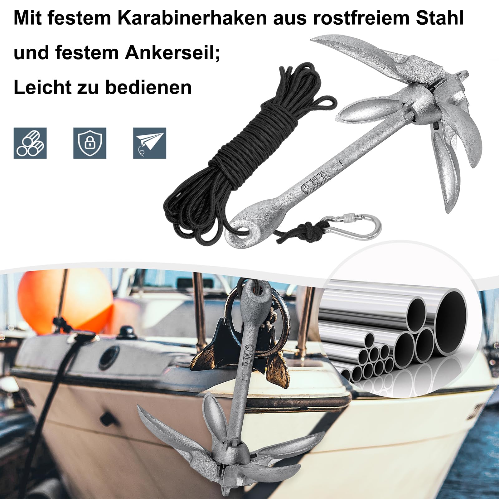 YUENFONG Faltanker Anker Klappanker mit 10 m Ankerseil, Eisenverzinkte Ankerset Vierhakenanker inkl. wasserdichte Tasche, für Kajaks, Kanus(1.5kg)