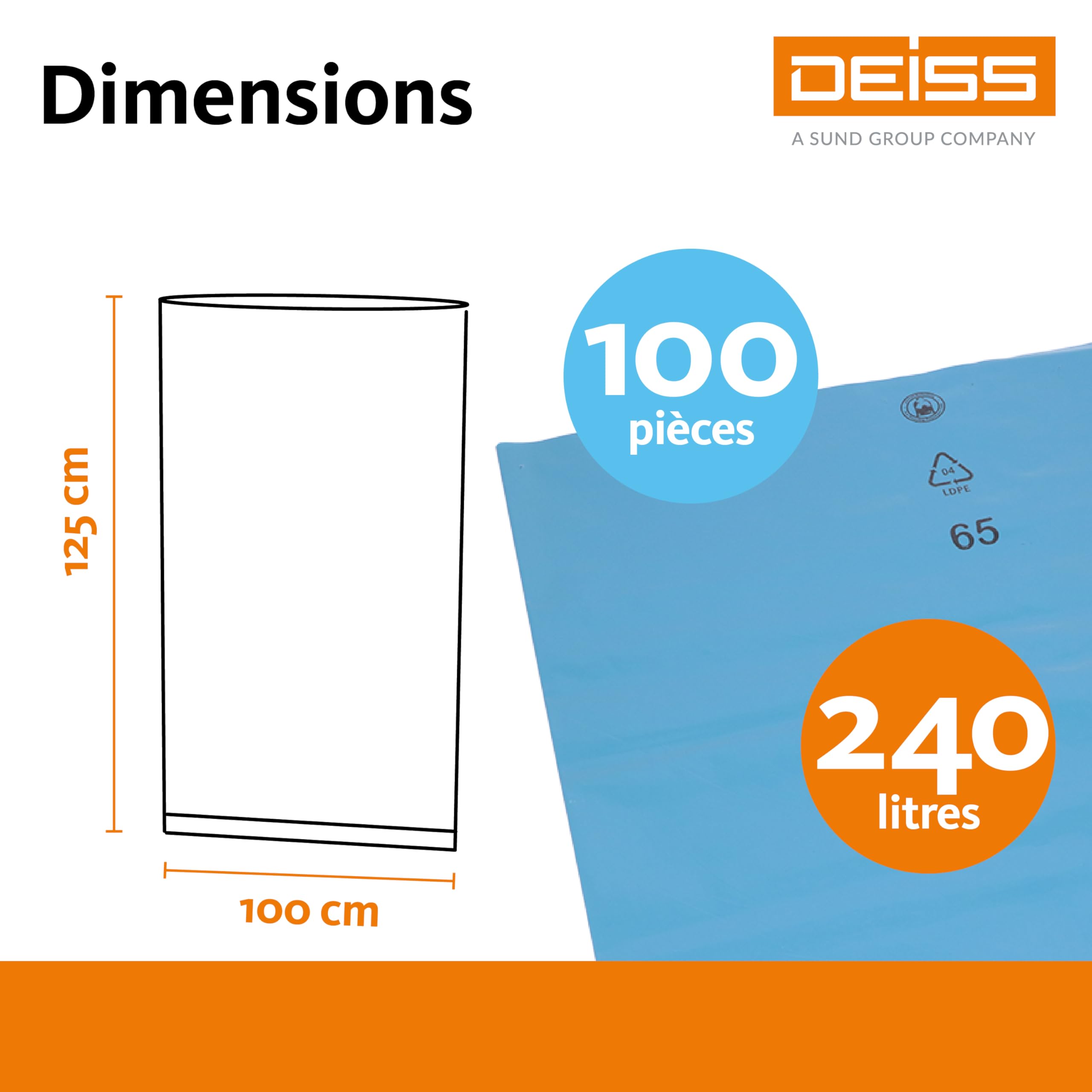 DEISS Sacs à déchets 240L bleus – 1000x1250 mm – 60 µm – LDPE recyclé – 100 sacs/carton – robustes et opaques – pour restauration, nettoyage, industrie et collectivités