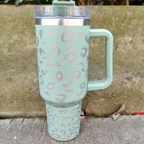 Miniatura 4 de Vaso de 40 onzas con asa y pajita, color menta, verde claro, azul, leopardo, plata, tapa de taza de 10 pulgadas de alto, incluida taza de viaje