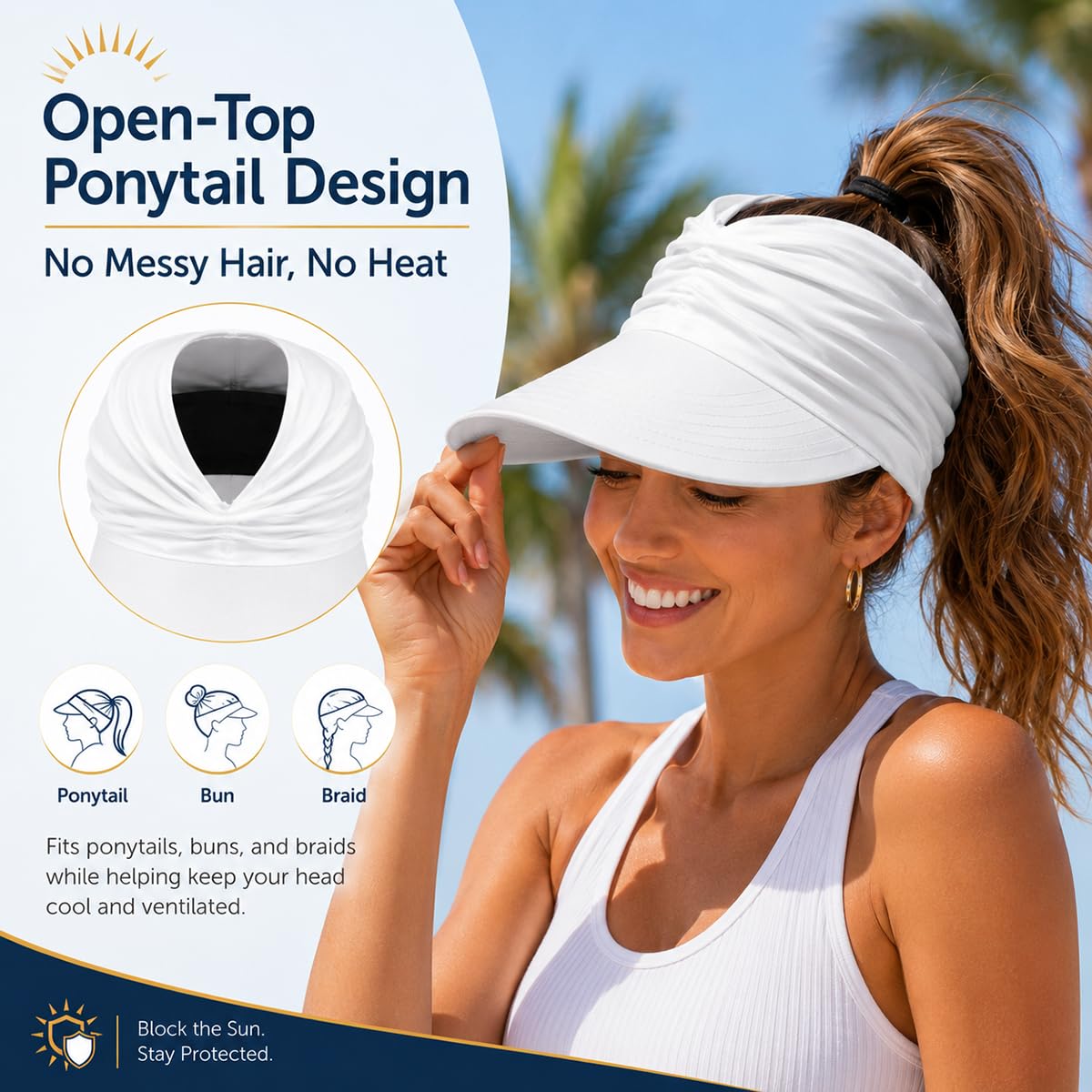 Women's UPF 50+ UV Protection Sun Visor Hat – Wide Brim Lightweight Foldable Ponytail cap for Summer Outdoor Walking Golf