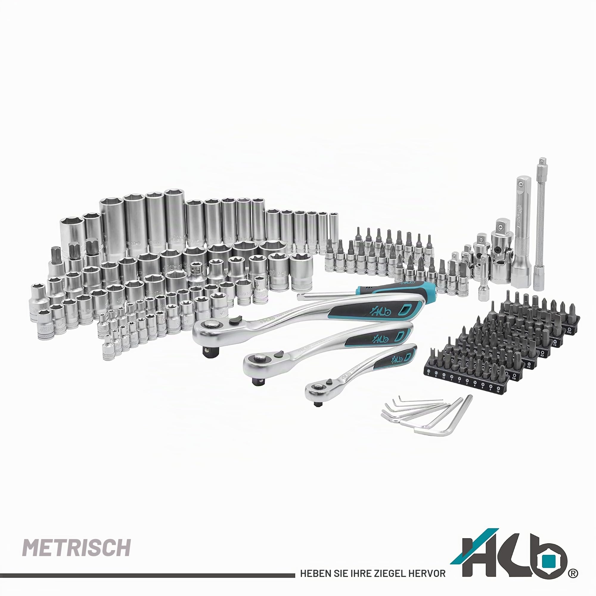HB 168-teiliger Steckschlüsselsatz AKM002-G mit 120-Zahn Offset Ratschen 1/2" 3/8" 1/4" Umschaltknarren Schnelllöseknopf Profi Werkzeugset CR-V Stahl Blasformkoffer Garage Werkstatt Made in Taiwan