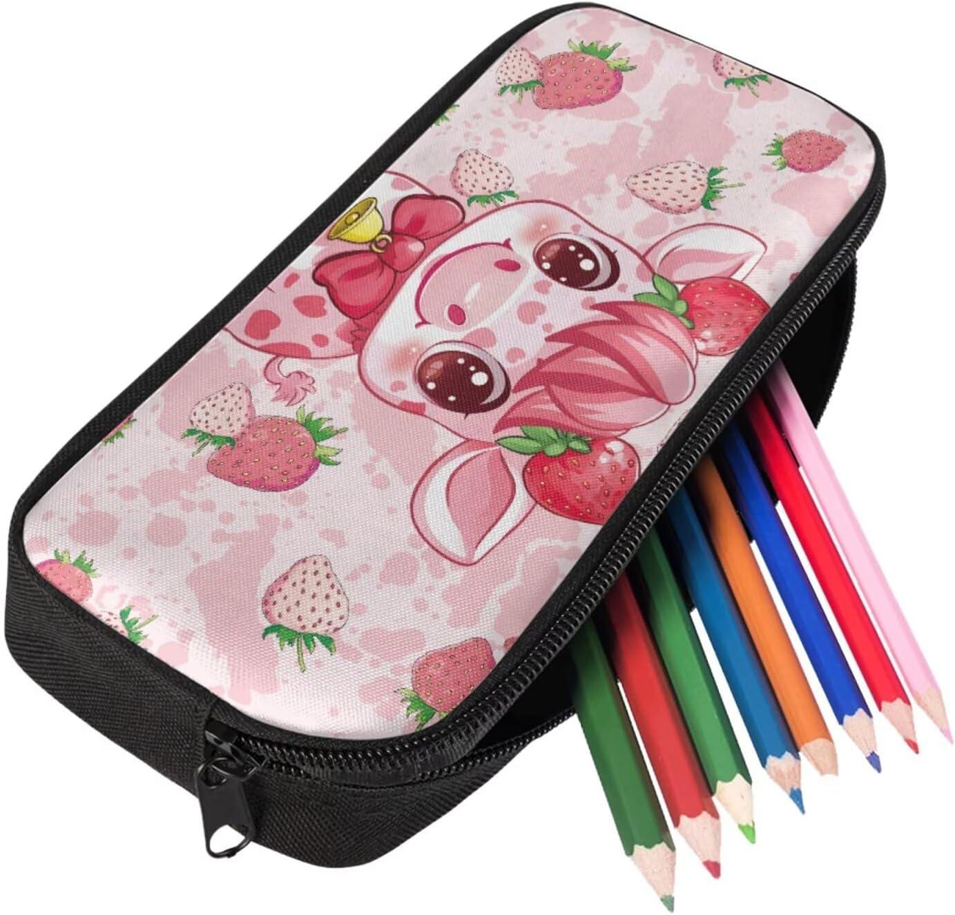 Pink Fruit Cow Backpack for School Girls 3rd Grade Boys Bookbag with Lunch Box Water Bottle Holder and Kawaii Big Pencil Case 4 PCS Sturdy Lightweight Back Packs with Compartment