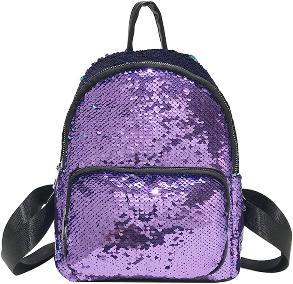 Fashion Shiny Sequin Mini Backpack Purse PU Leather Casual Daypack Shoulder Bag for Girls Women(Purple)
