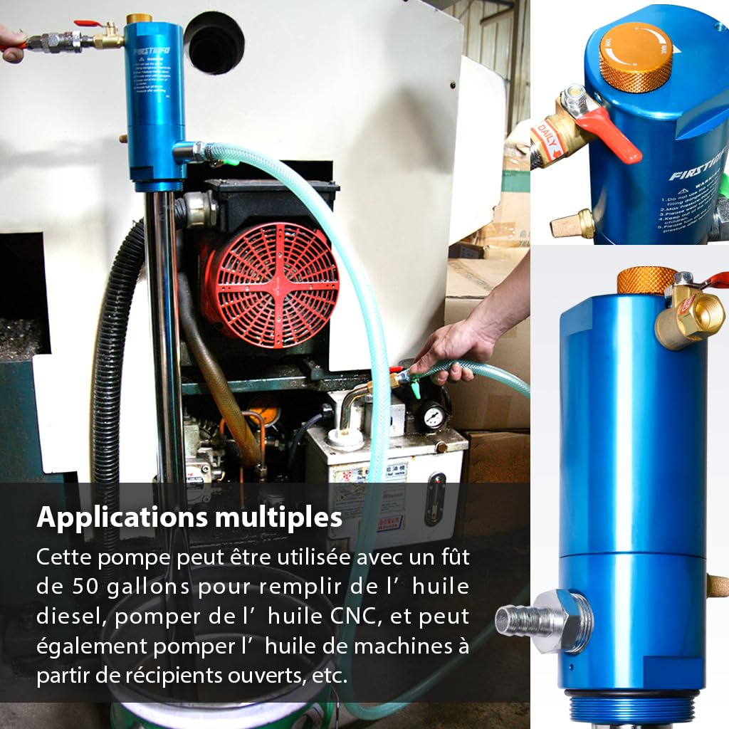 FIRSTINFO Pompe Pneumatique pour Fût d’Huile 200L, Pompe 1:1 Haute Viscosité, Distributeur d’Huile pour Réservoirs Ouverts, Compatible Huile Moteur et Transmission, A1182EU