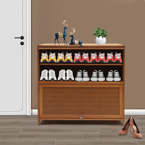 Miniatura 5 de Organizador de zapatos de 4 niveles, estante de almacenamiento de zapatos independiente de bambú con puertas abatibles, organizador de zapatos de
