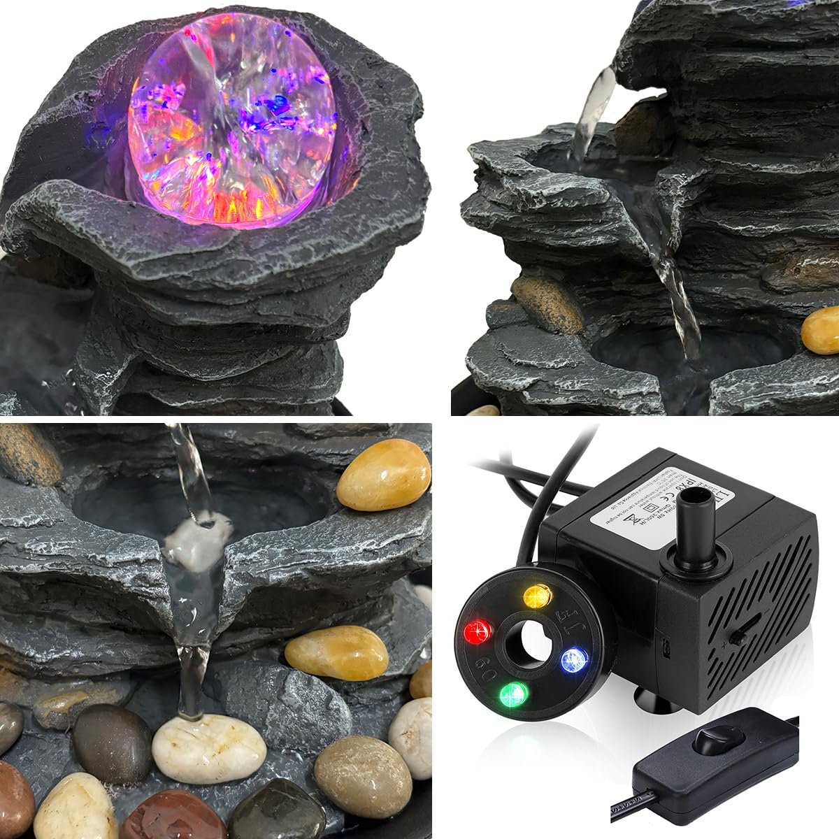 Rock Cascading Tabletop Water Fountain with Colored LED Lights, Zen Meditation Indoor Waterfall Feature with Natural River Rocks, Feng Shui Tabletop Waterfall for Home Office Bedroom