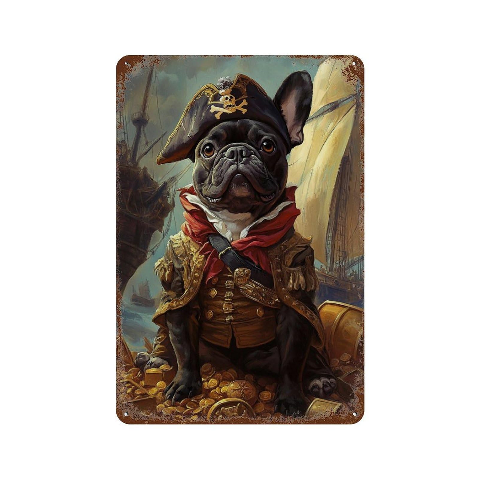 Pirate Bulldog Treasure Chest-2 Vintage Rust Metal Sign 11.8"x7.9", Shabby Chic Decor for Living Room, Hallway And Home Decor