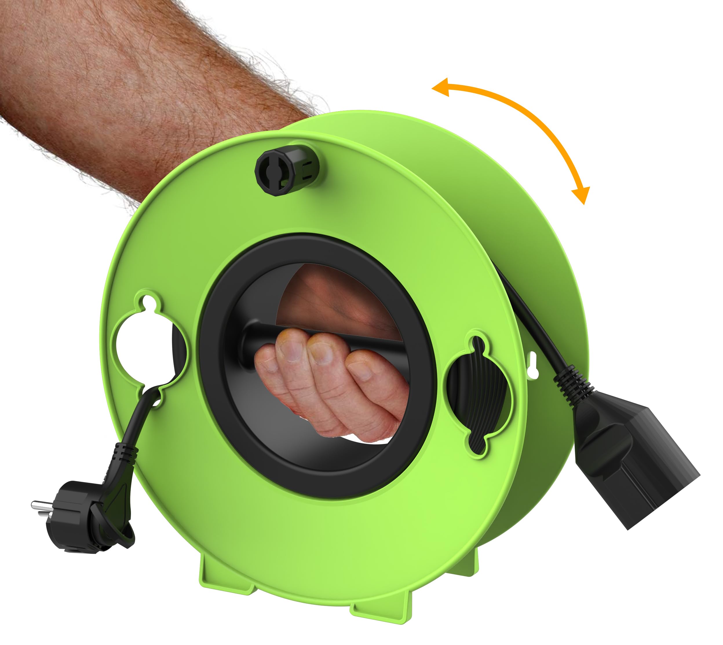 MutecPower avvolgicavo con prolunga Schuko da 20 m, spina ultra piatta con linguetta ribaltabile H05VV-F 3G1.5, 16A/250V, IP20 per uso interno – verde, portatile, avvolgibile e montabile a parete