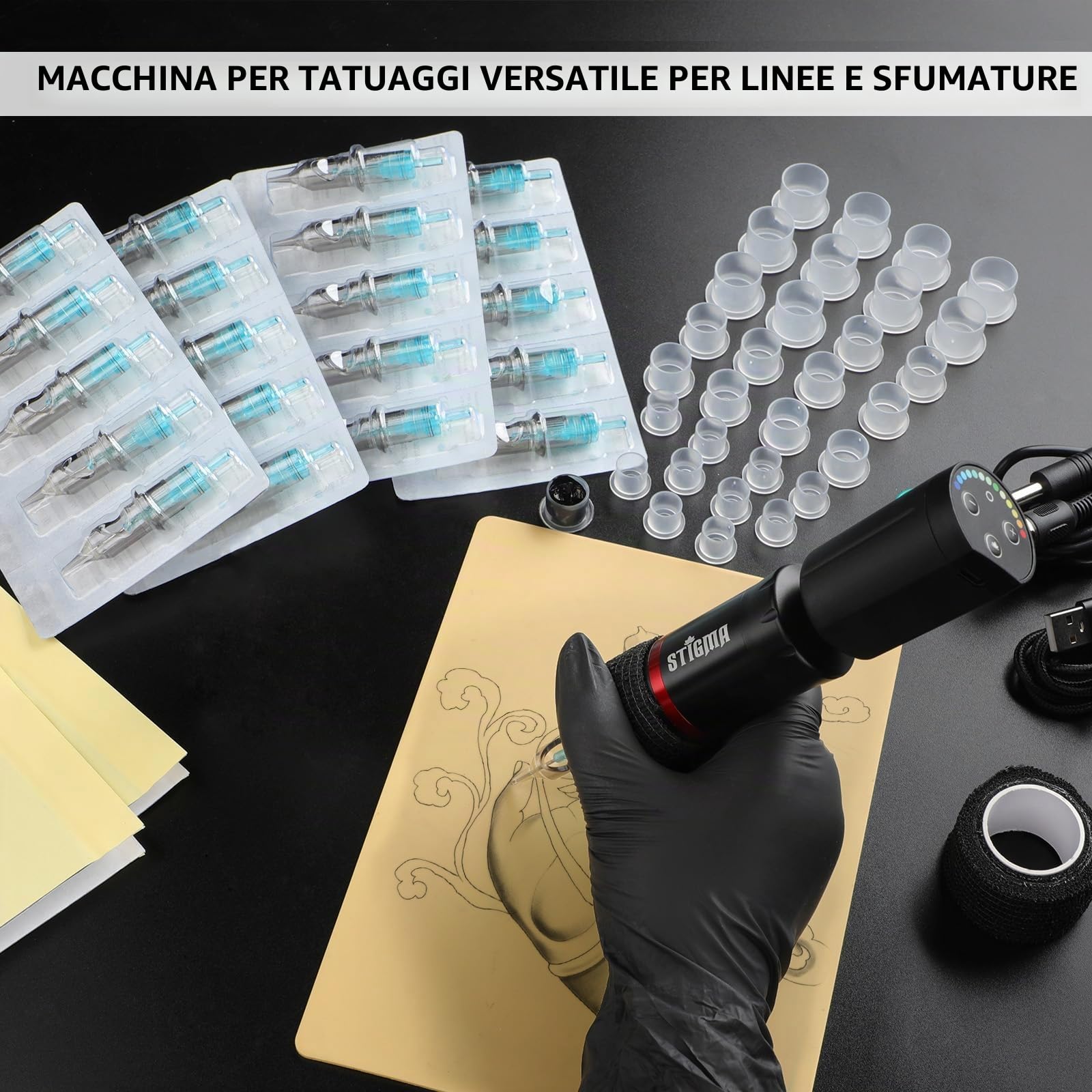 STIGMA Tattoo Pen Kit Rotary Gun Completo per Tatuaggi Professionale con 7 Inchiostri per Tatuaggi20 Cartucce Aghi STQ49P802-1