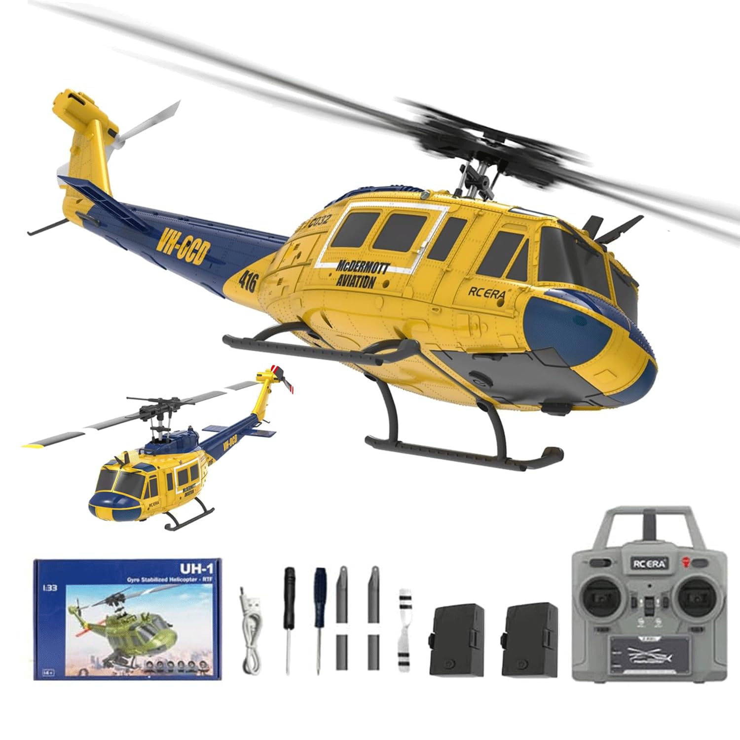 NULA RC ERA C032 UH-1 Huey RC Helicopters, 1/48 Scale 6CH 2.4G 6-Axis Gyro Stabilized Military Aircraft with 3D Inverted Flight & Altitude Hold for Adults Beginners (RTF / 2 Battery)