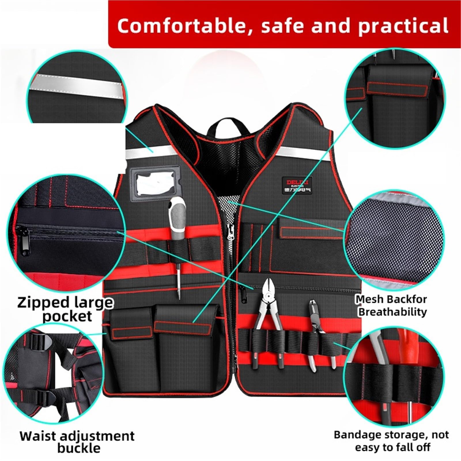 Werkzeugweste Tool Vest Multi Pocket Hardware Bag Strap Reflective Strip Large Capacity Storage