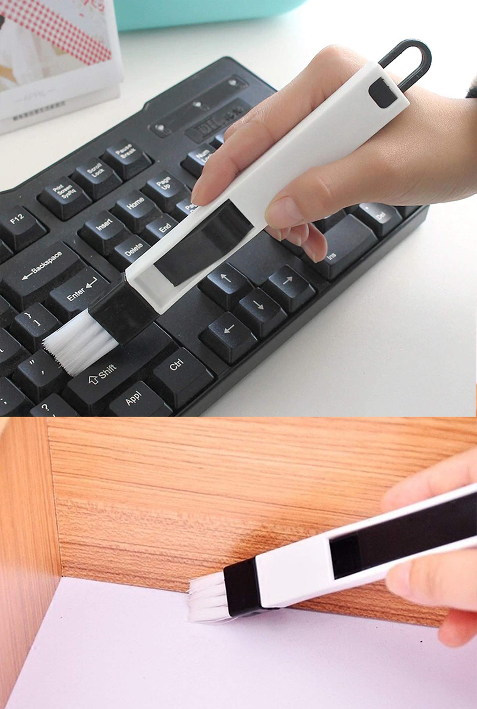 MEZON Plastic Multipurpose Kitchen Bathroom Door Window Groove Cleaning Brush Grooves Keyboard Small Brush with Dustpan Crevice Brush (Black-White) 2