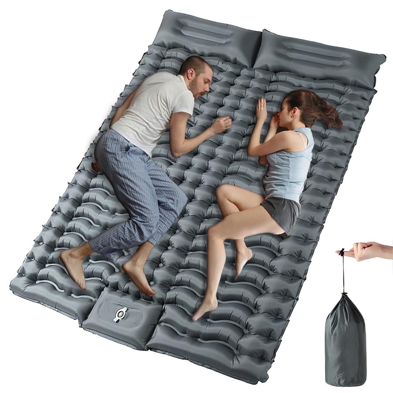 Samopompująca karimata kempingowa dla 2 osób, 200 x 140 cm, ultralekka, wygodna, pogrubiona, dmuchana, podwójny materac, namiot, mata do spania z pompką nożną i poduszką, szara